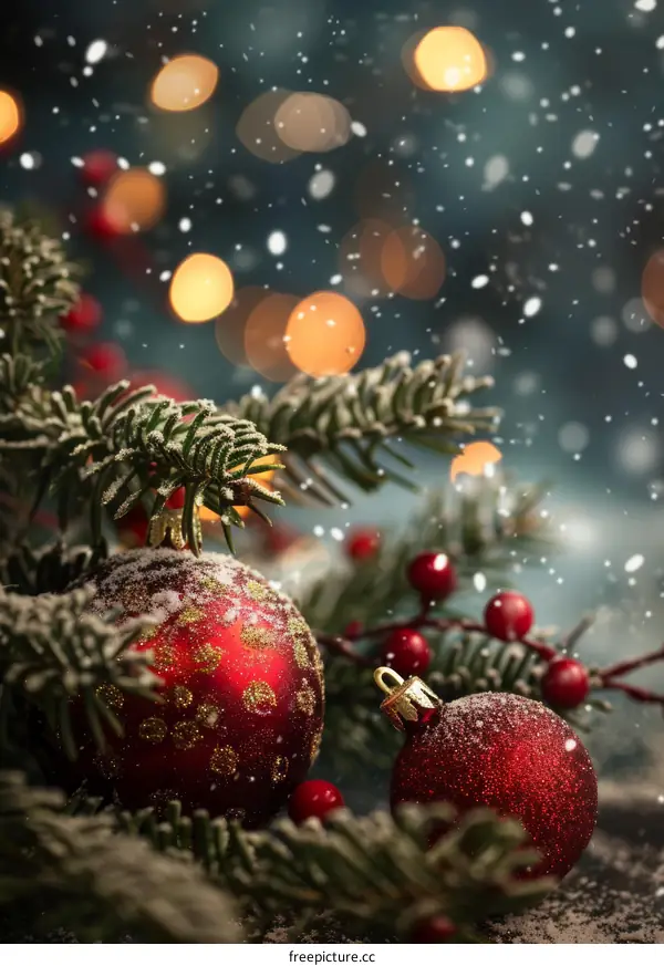 Christmas ornaments with fir tree branches and snow