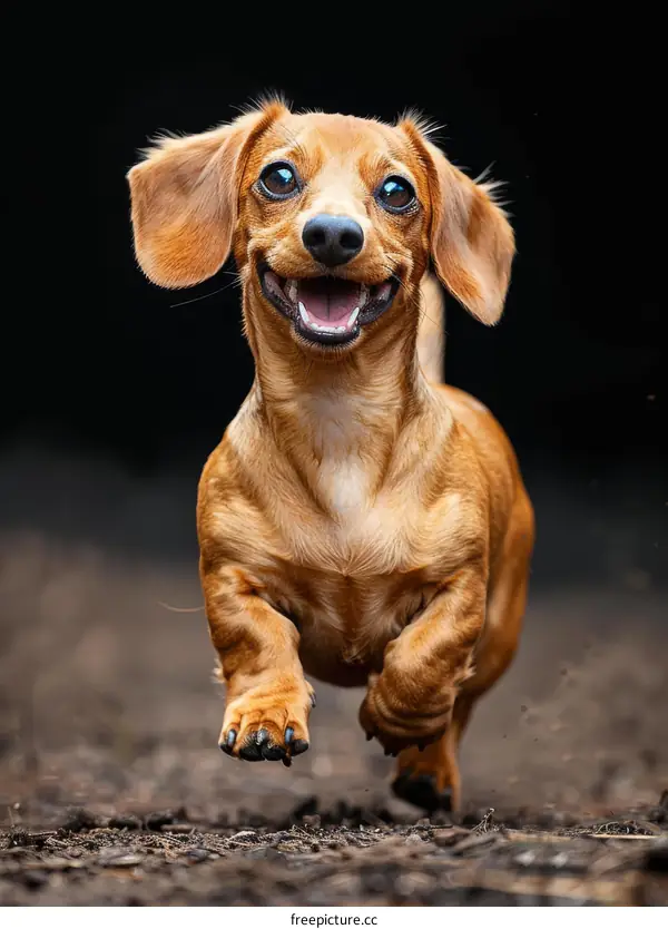A happy brown dachshund running in the park