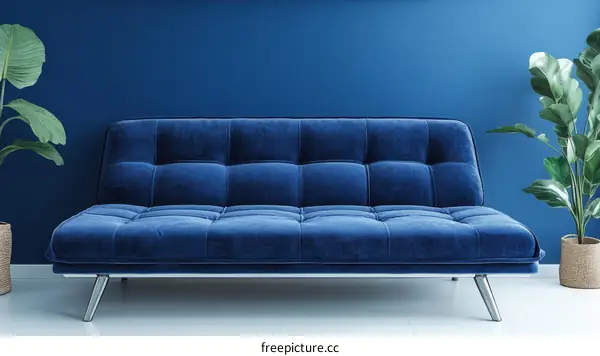 Modern Blue Velvet Sofa in a Contemporary Living Room