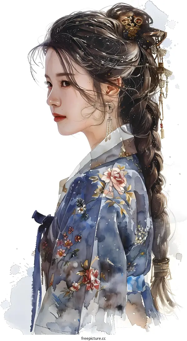 A digital painting of a young woman in a traditional Korean dress, hanbok.