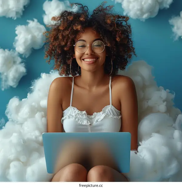 Smiling young woman with curly hair and glasses using laptop in clouds
