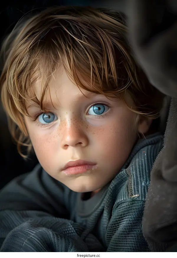 Portrait of a boy with blue eyes and freckles