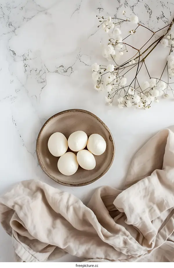 White Eggs on a Plate with White Flowers