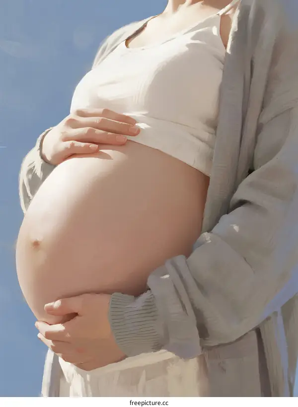 Pregnant Woman Holding Stomach Against Blue Sky