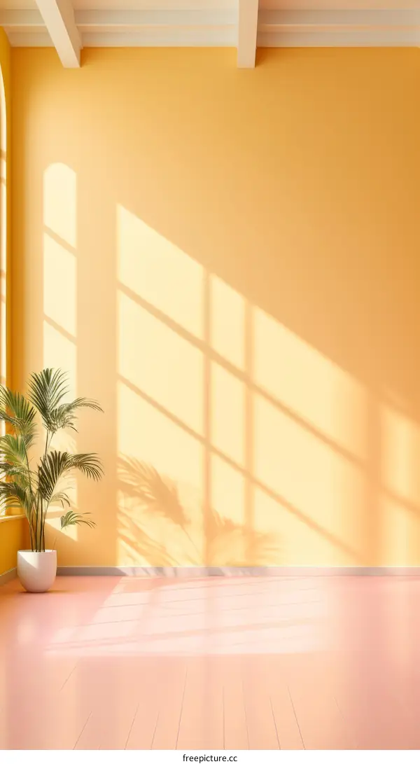 Sunlight shining through a window into a room with a potted plant