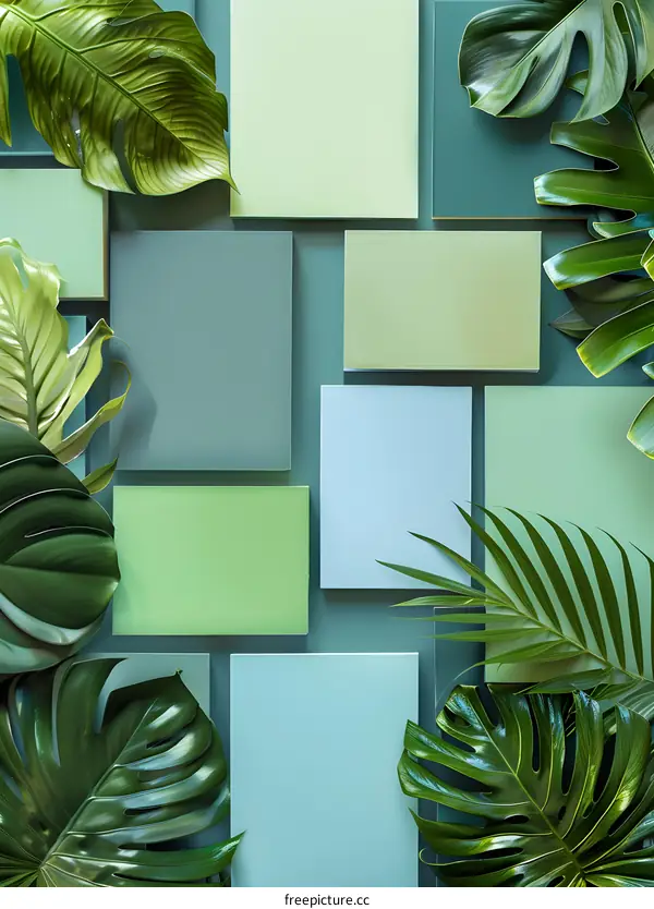 Green and Blue Color Palette Background with Tropical Leaves