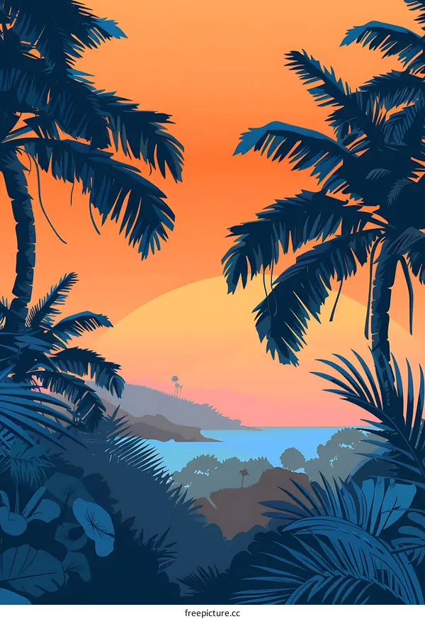 Sunset Palm Trees Tropical Landscape