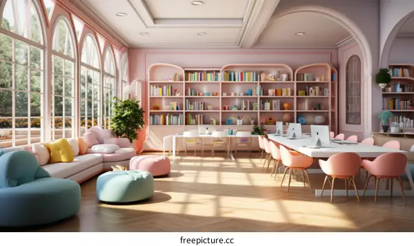 A beautiful pink and white classroom with a library and computers