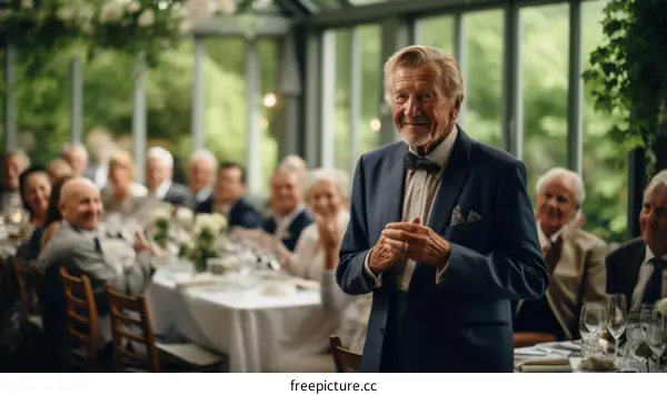 An elderly man giving a speech at a wedding reception