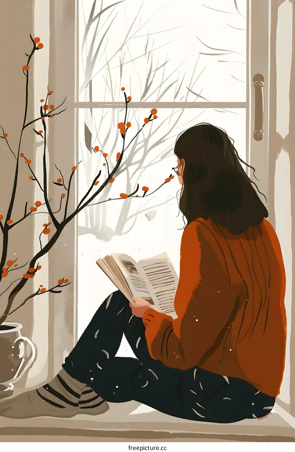 Woman Sitting By Window Reading Book