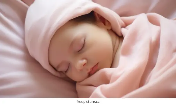 An adorable sleeping baby girl wrapped in a pink blanket