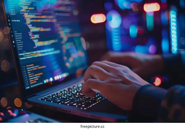 Coding on a Laptop in a Dim Room with Vibrant Background Lights
