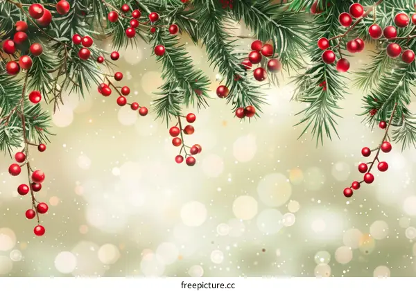 Christmas background with red berries and green fir branches