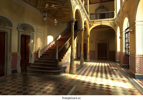 Grand Staircase Interior Design with Arched Entryway and Tile Flooring