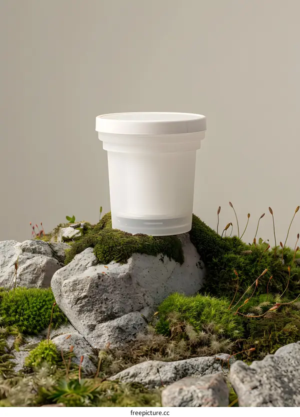 White Container Mockup with Moss and Rocks