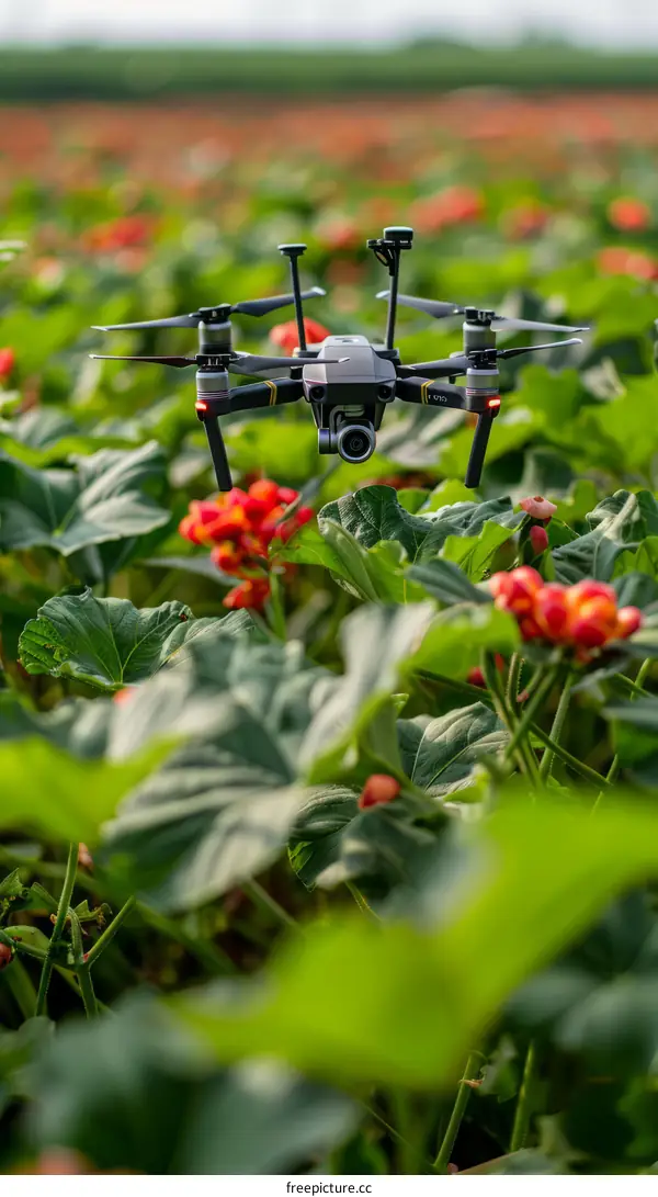 A drone is flying over a field of green plants with red flowers