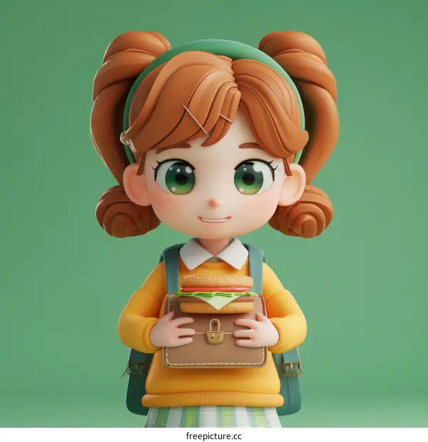 3D illustration of a school girl holding a hamburger