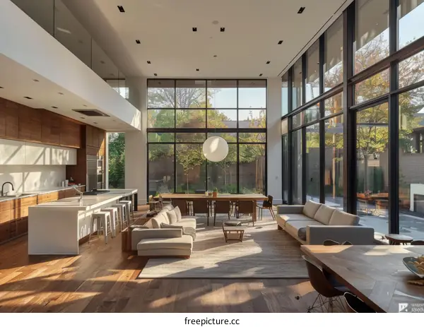 An example of a modern house with a large glass window and a wooden floor