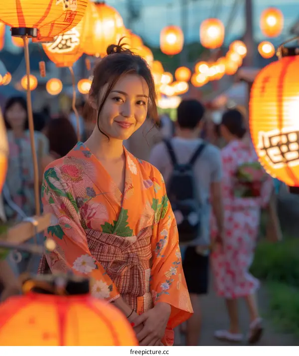 A Japanese woman wearing a kimono at a summer festival