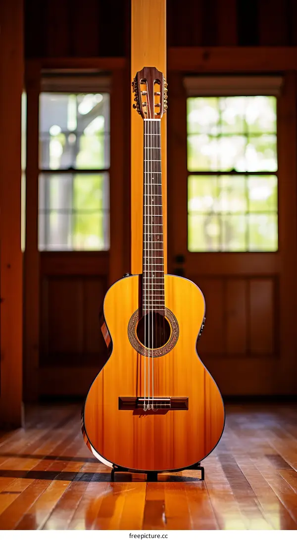 Nylon-String Acoustic Guitar Against a Wooden Wall