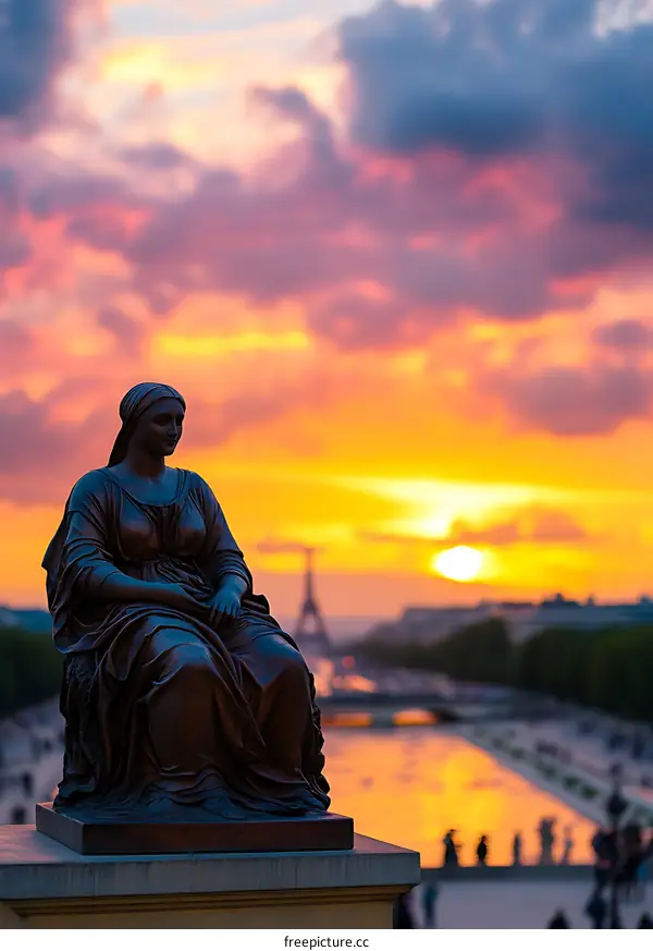 Bronze Statue of Woman Sitting with Eiffel Tower in Background at Sunset