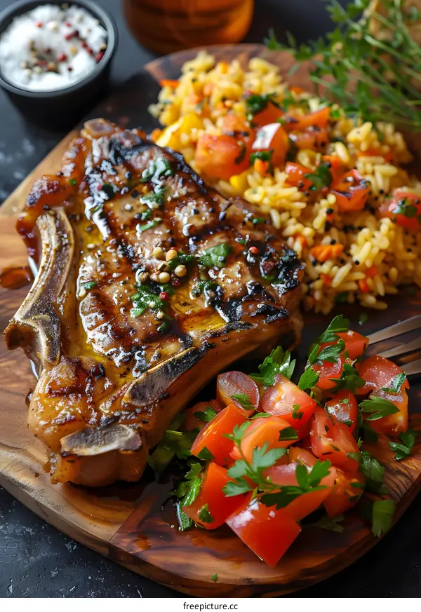 Grilled steak with rice and tomato salad
