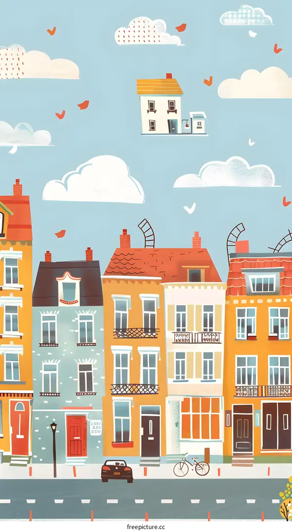 Cute Cartoon Illustration of Colorful Houses on a Street