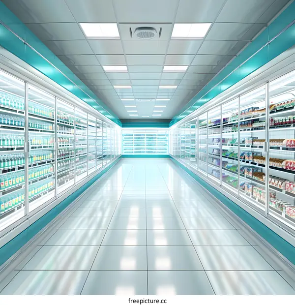 Empty Supermarket Aisle With Refrigerated Shelves