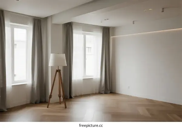 Modern empty room with large windows and wooden flooring