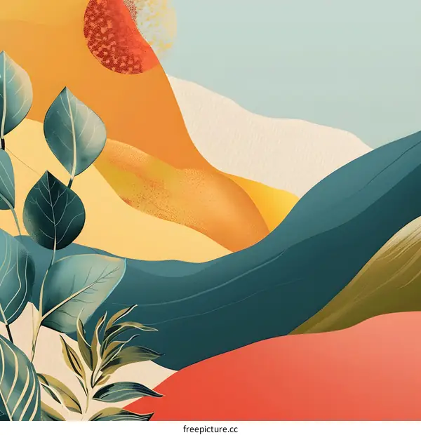 Abstract Landscape Illustration with Green Leaves