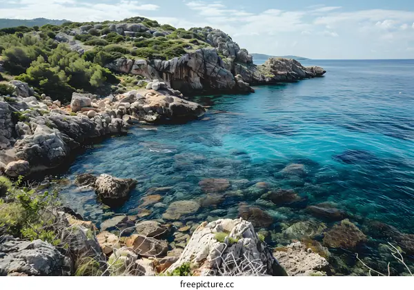 Clear Blue Water Surrounding Rocks On Coastline