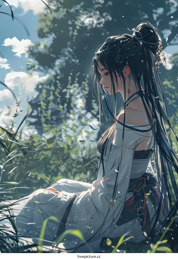 Woman in white dress sitting in the grass