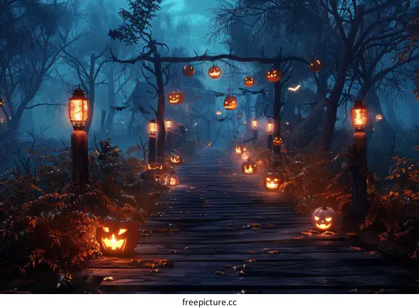 Halloween Jack-O-Lanterns in Eerie Forest