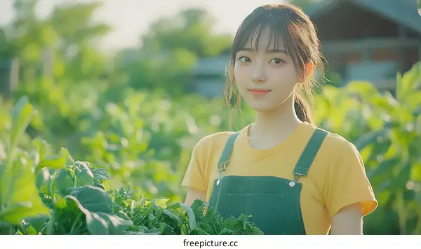 Young Asian Woman in a Vegetable Garden