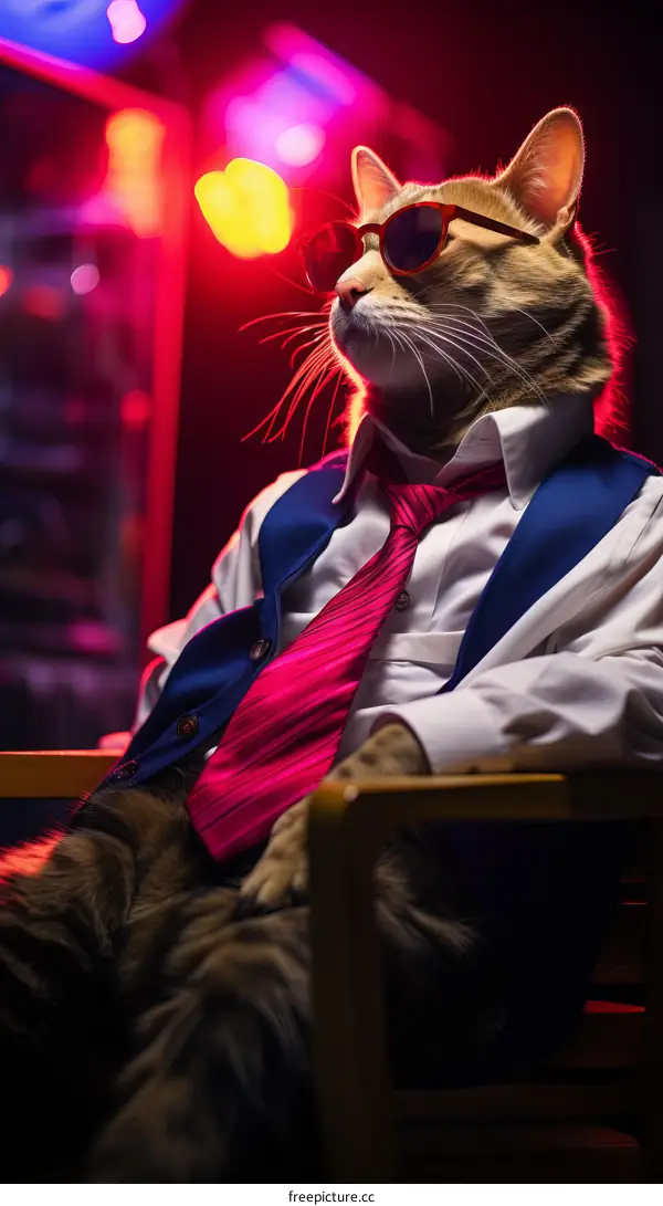 Cool cat wearing sunglasses, shirt, tie and vest