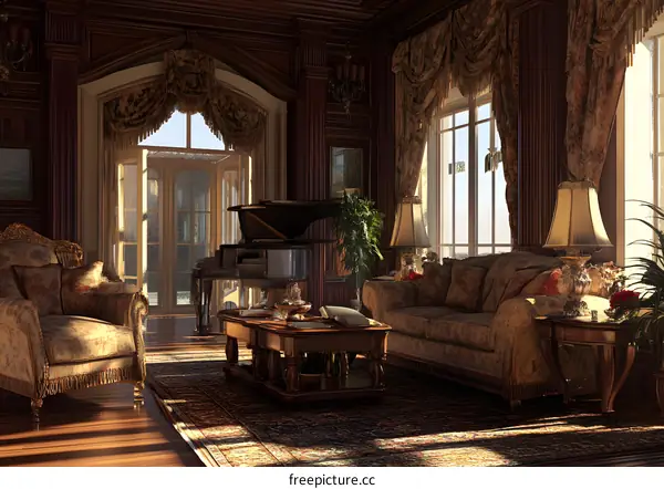 Elegant Living Room with Piano and Windows