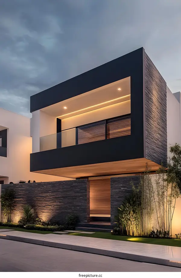 Modern Architecture House Exterior with Stone Wall and Balcony
