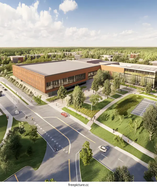 Modern Building With Green Landscaping And People Walking Around
