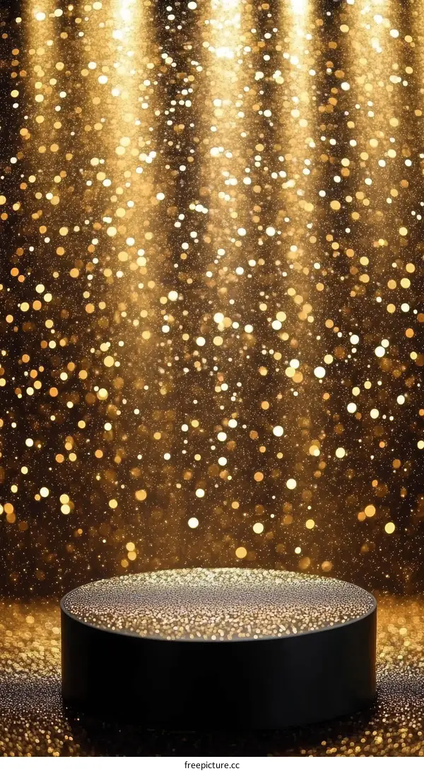 Golden Sparkling Background with Black Display Podium