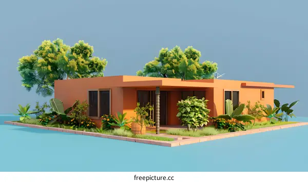 Minimalist House Illustration with Orange Walls and Lush Green Plants