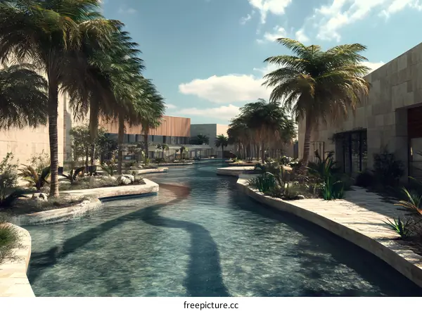 Tropical Resort with Winding Pool and Palm Trees
