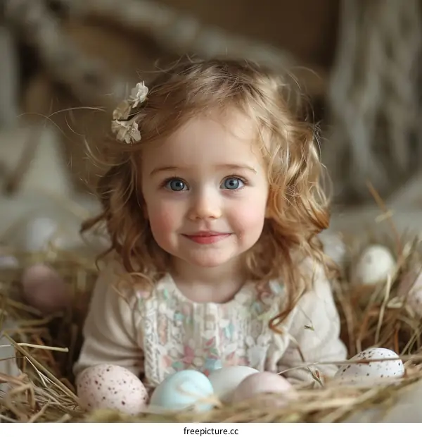 Little girl with blond hair and blue eyes sitting in a nest of hay smiling