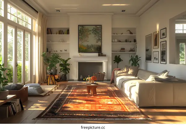 A cozy living room with a fireplace, sofa, rug, plants, and bookshelves.
