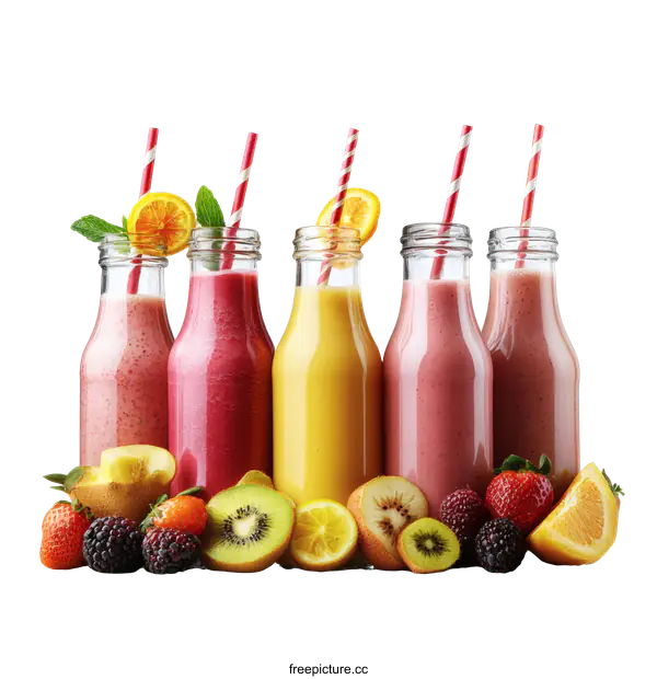 [Transparent Background PNG]Assortment of Delicious Fruit Smoothies in Glass Bottles