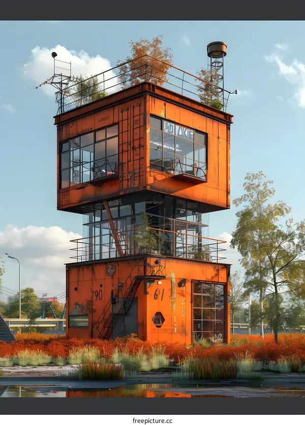 rusty building overgrown with plants