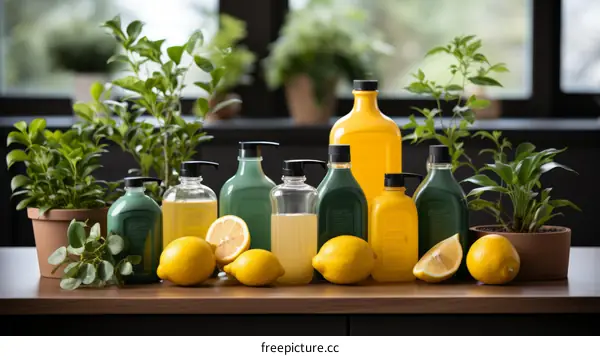 Natural Organic Cosmetic Containers with Lemons and Leaves on Wooden Surface