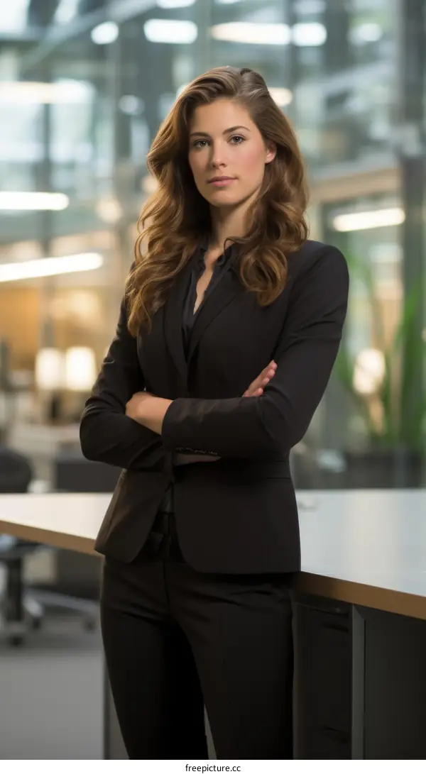 Confident businesswoman standing with arms crossed in modern office
