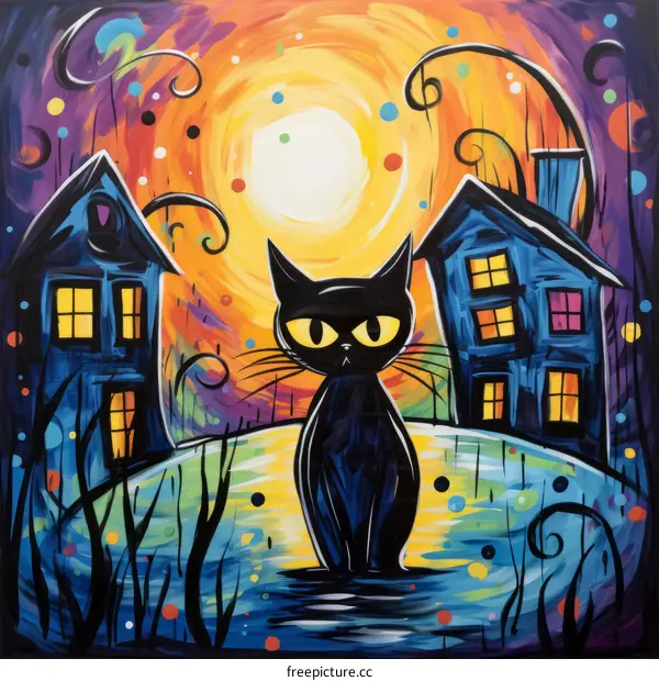 Black cat in front of two blue houses under the moonlight