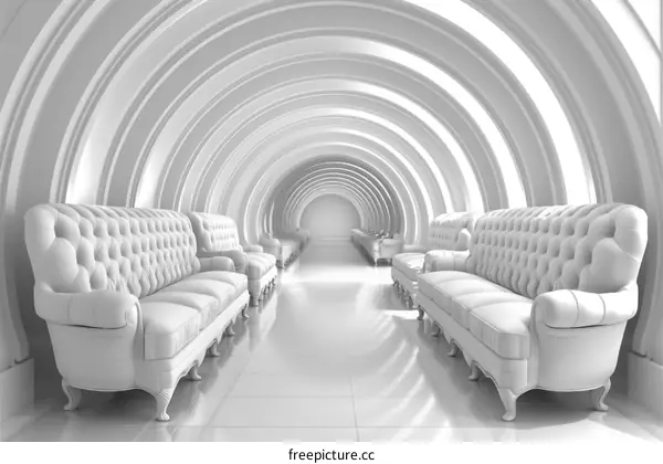 Modern White Interior with Curved Walls and Leather Sofas