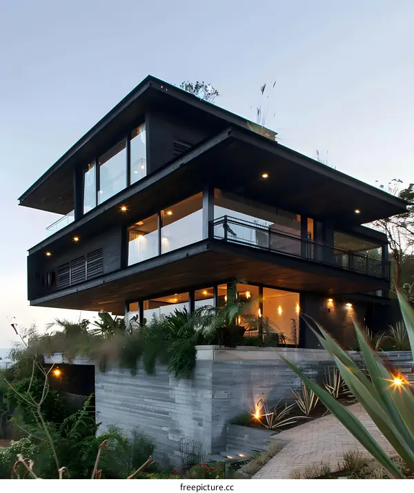 Modern Black House with Large Windows and Glass Railings